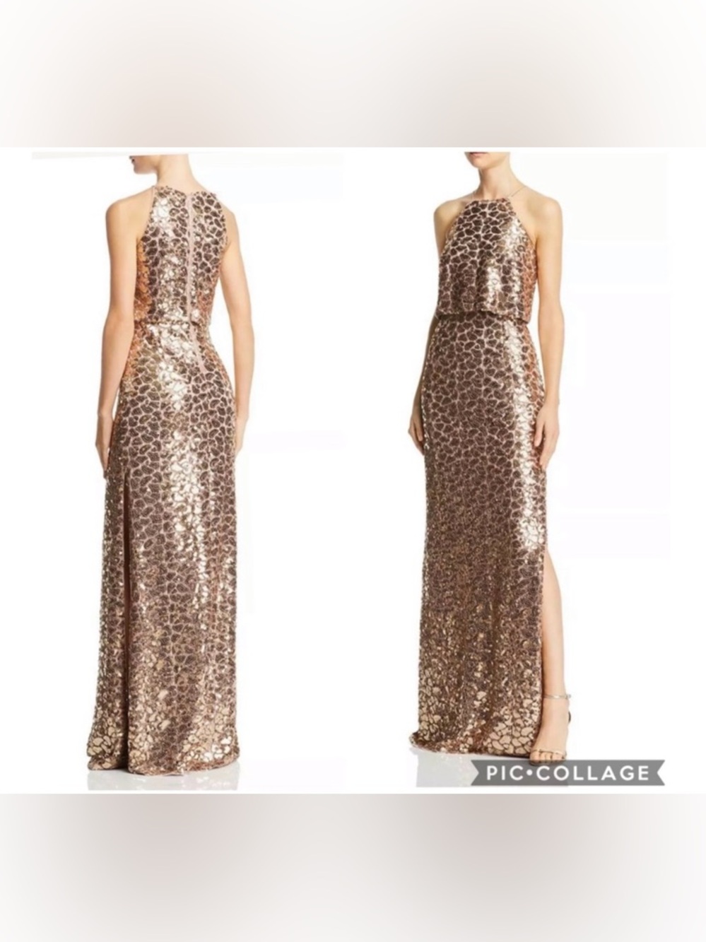 NWT Aidan Mattox Sequin Halter Gown in Blush Gold
